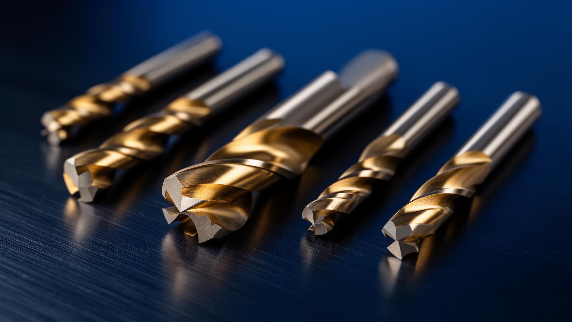 Burghie și freze din carbură Master Tools CNC pe suprafață de oțel albastru